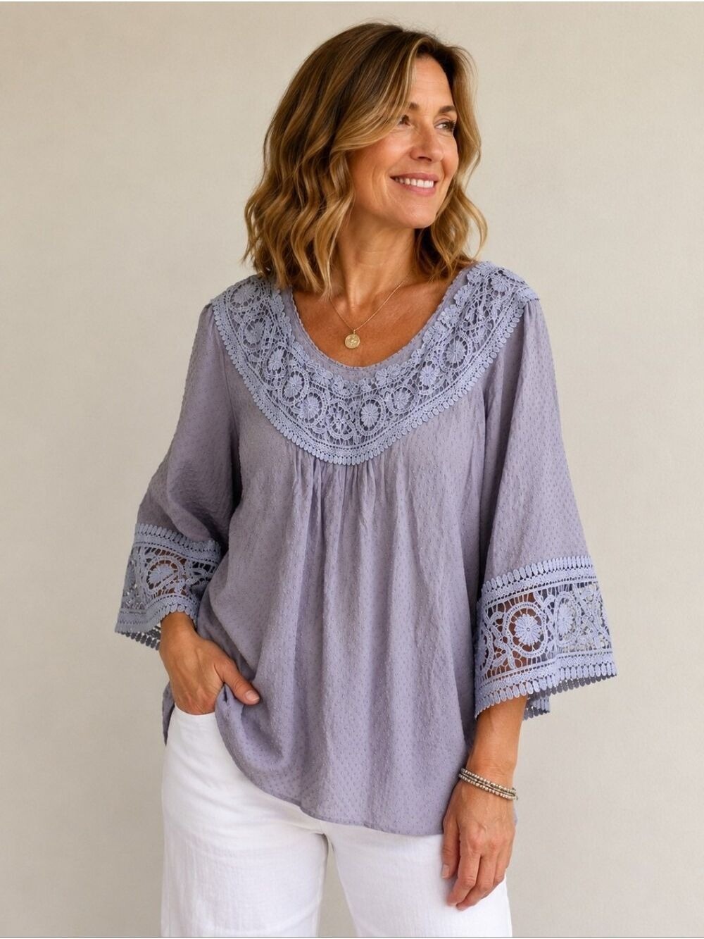 Women's Lavender Crochet Lace Boho Blouse